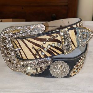 Nacona Belt Company Zebra Leather & Crystal Western Belt